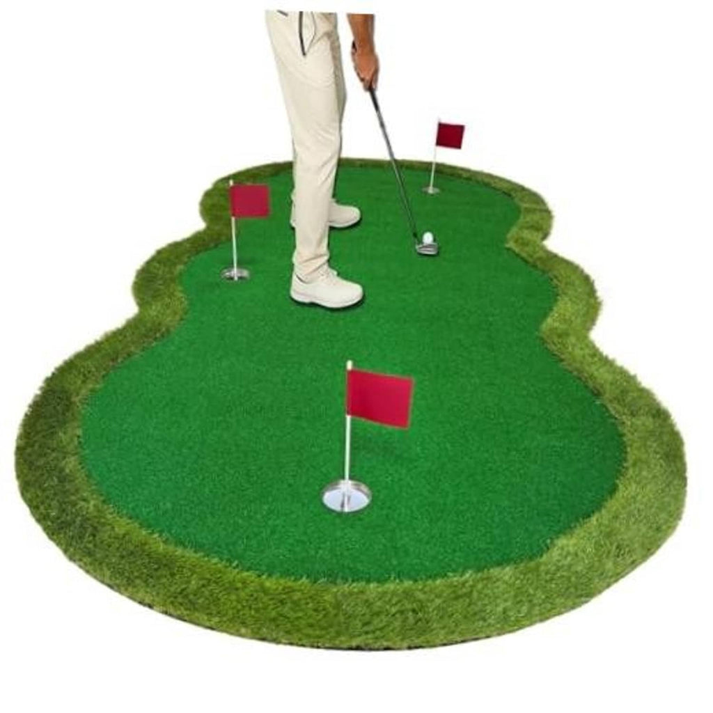 Golf putting green mat with three practice holes and red flags