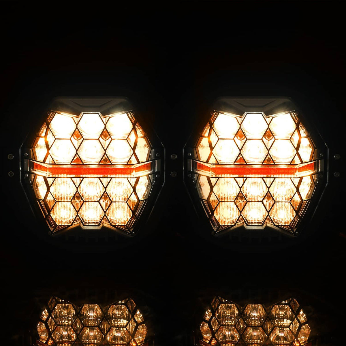 LED headlight with DRL, showing amber hexagonal light segments on a pair