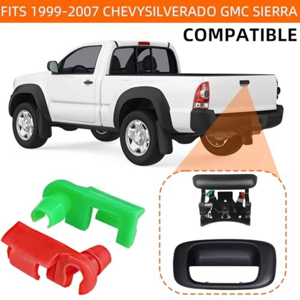 Tailgate latch rod clip set, green and red, shown with vehicle door handle
