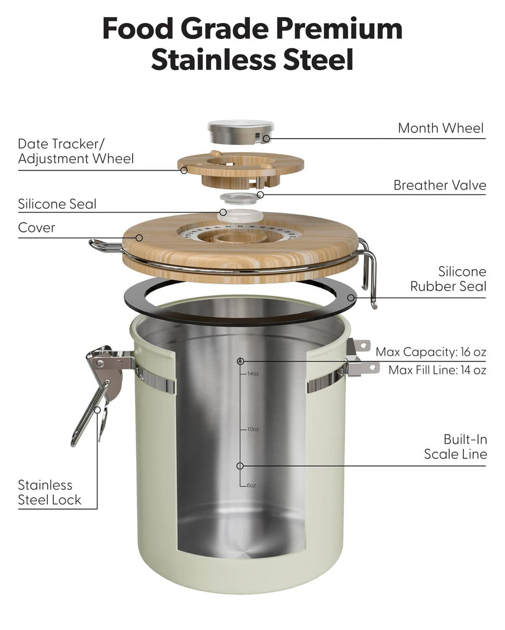 Cream stainless coffee sugar canister with clear window and round bamboo-style lid