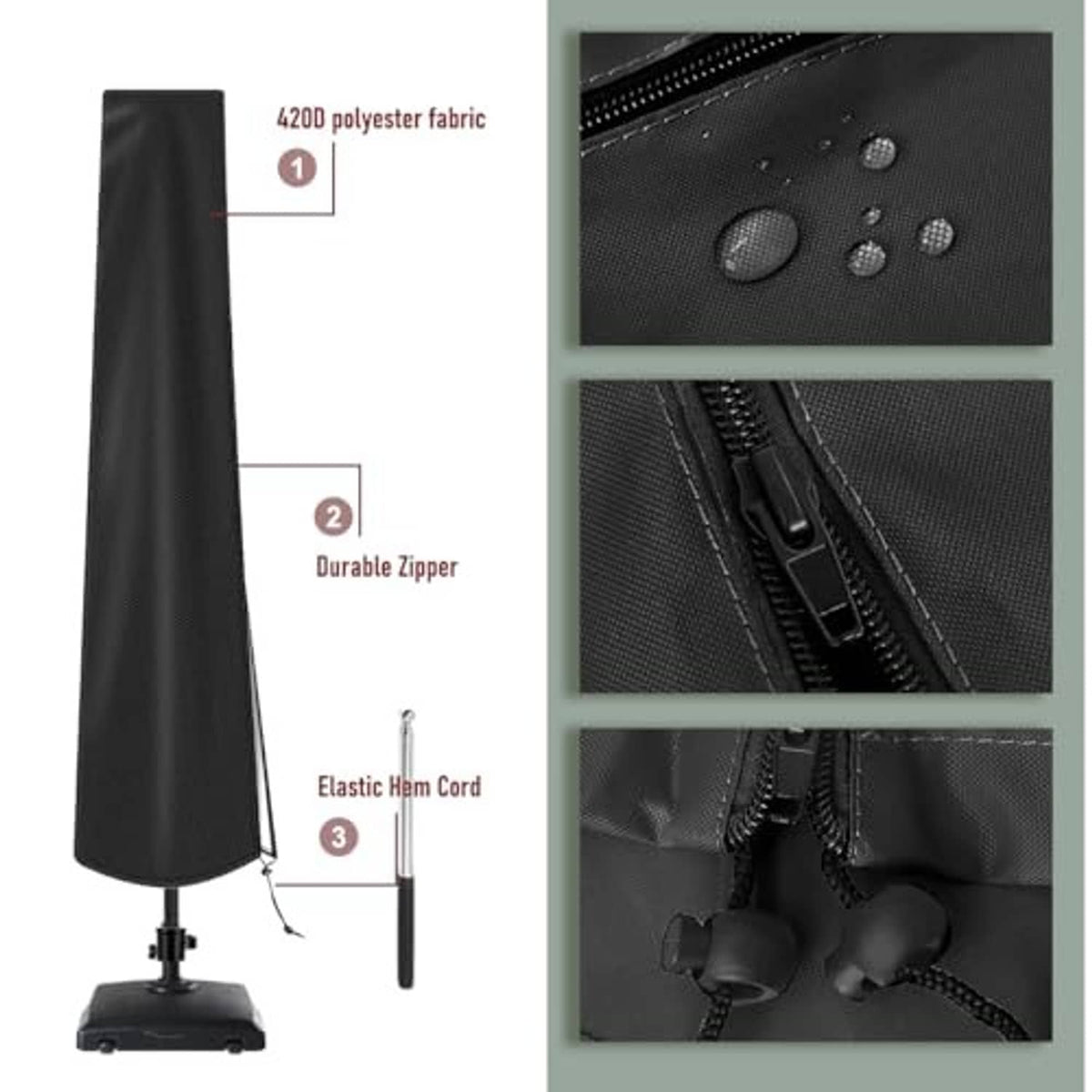 Black umbrella cover with full-length zipper and elastic hem cord