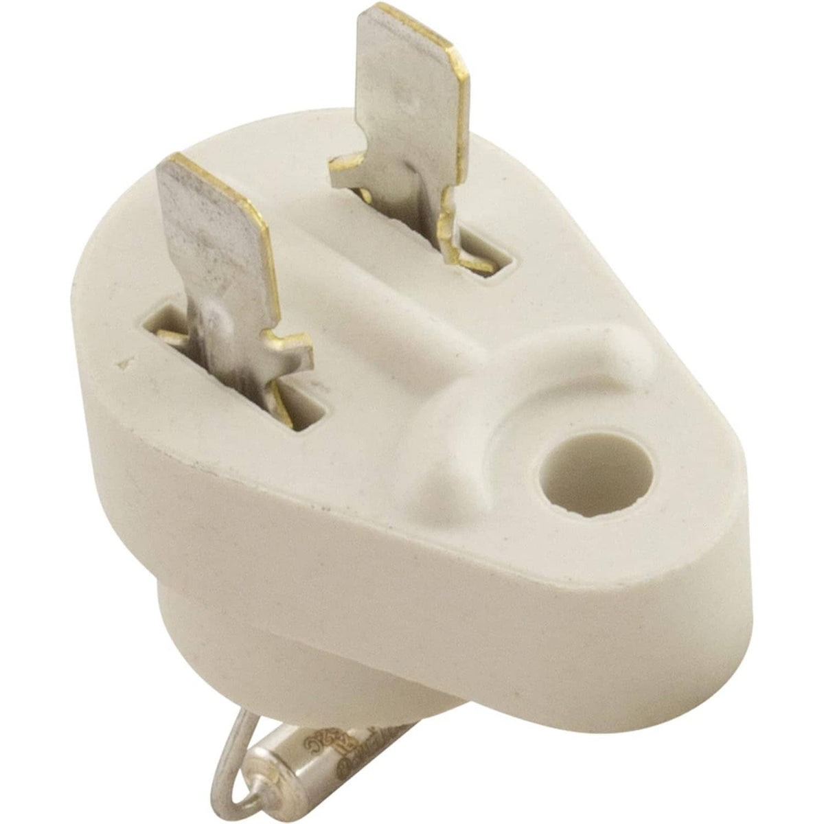White thermal cut-off fuse with metal terminals and circular base housing