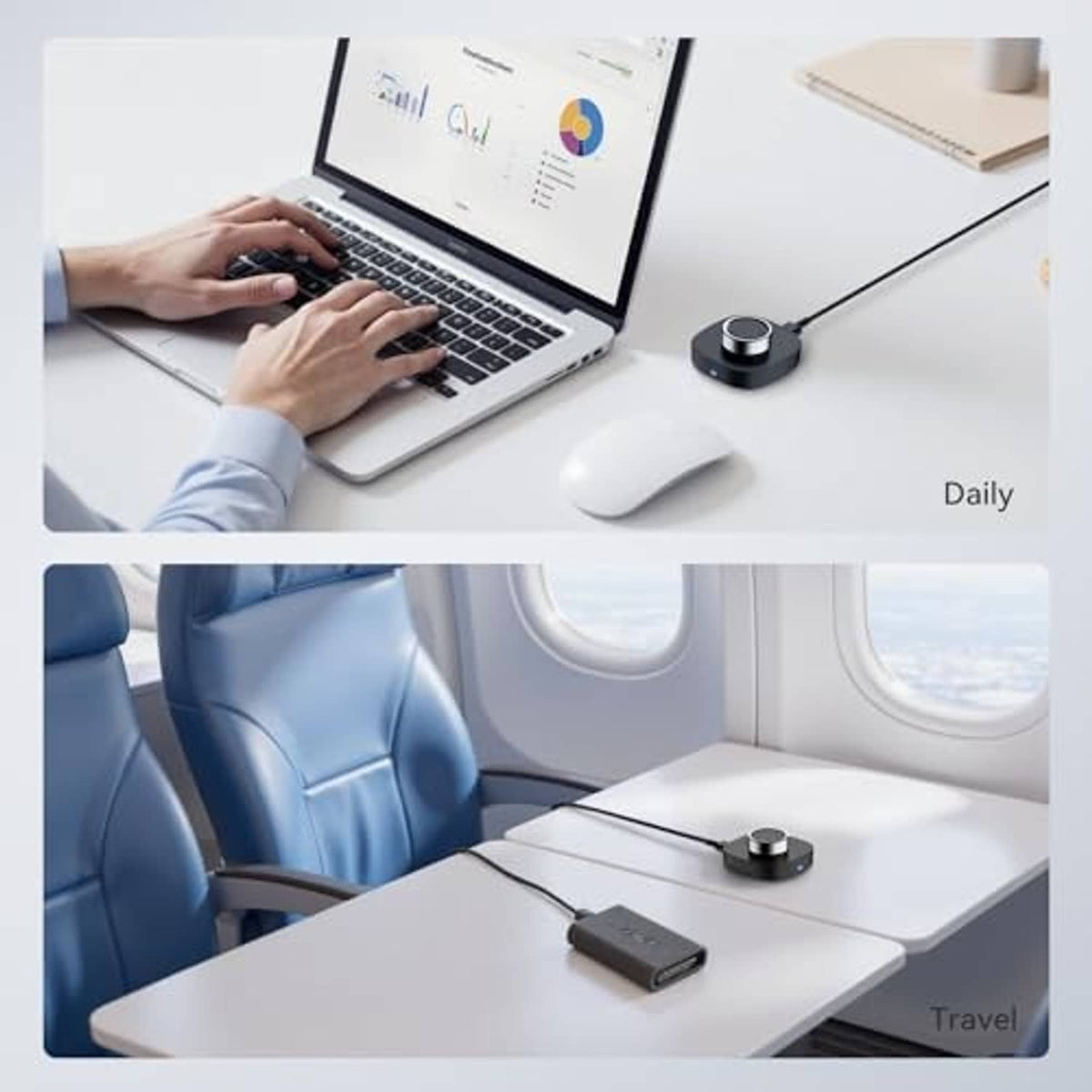 Ring charger dock with USB cable, shown for daily and travel use