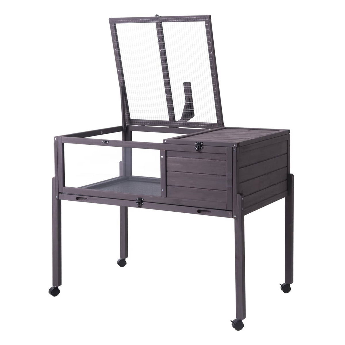 Gray wooden tortoise habitat with open hinged frame and metal mesh inserts, on wheels