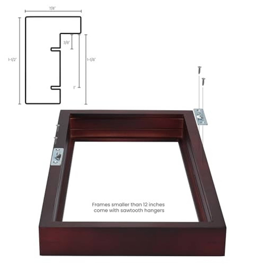 Side view diagram of deep picture frame with interior opening and small hardware mounts