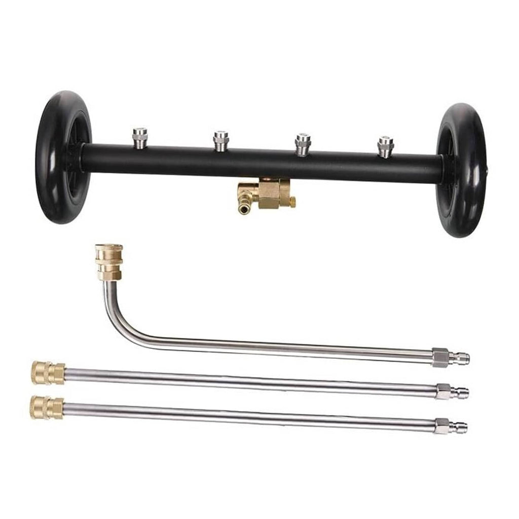 16-inch undercarriage pressure washer attachment with black frame and dual spray wands