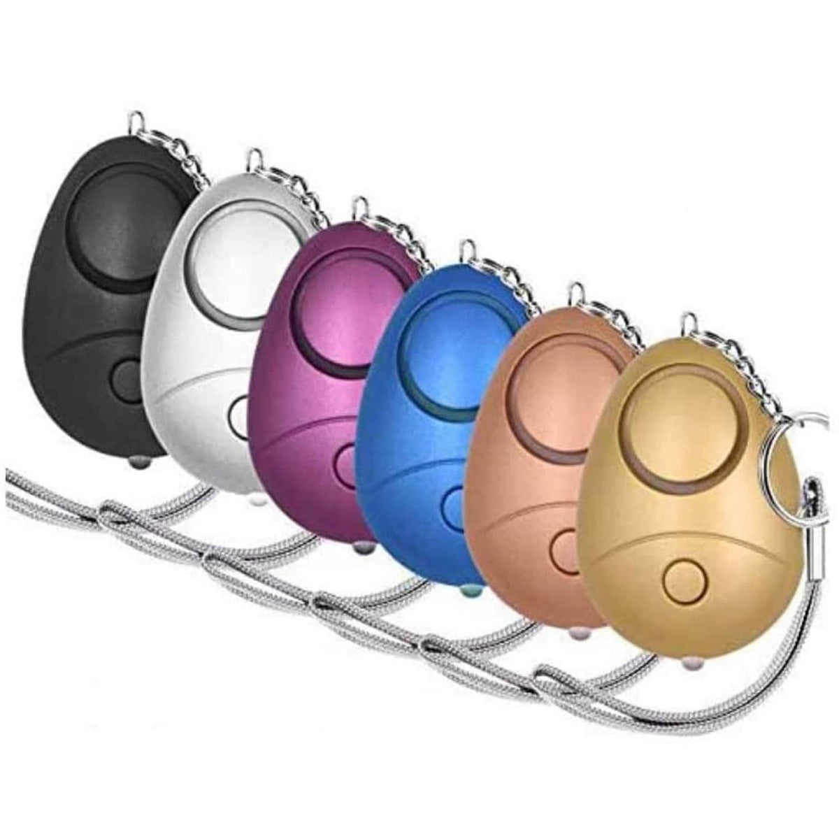 Multi-color personal security alarm keychains with key rings and pull cords.