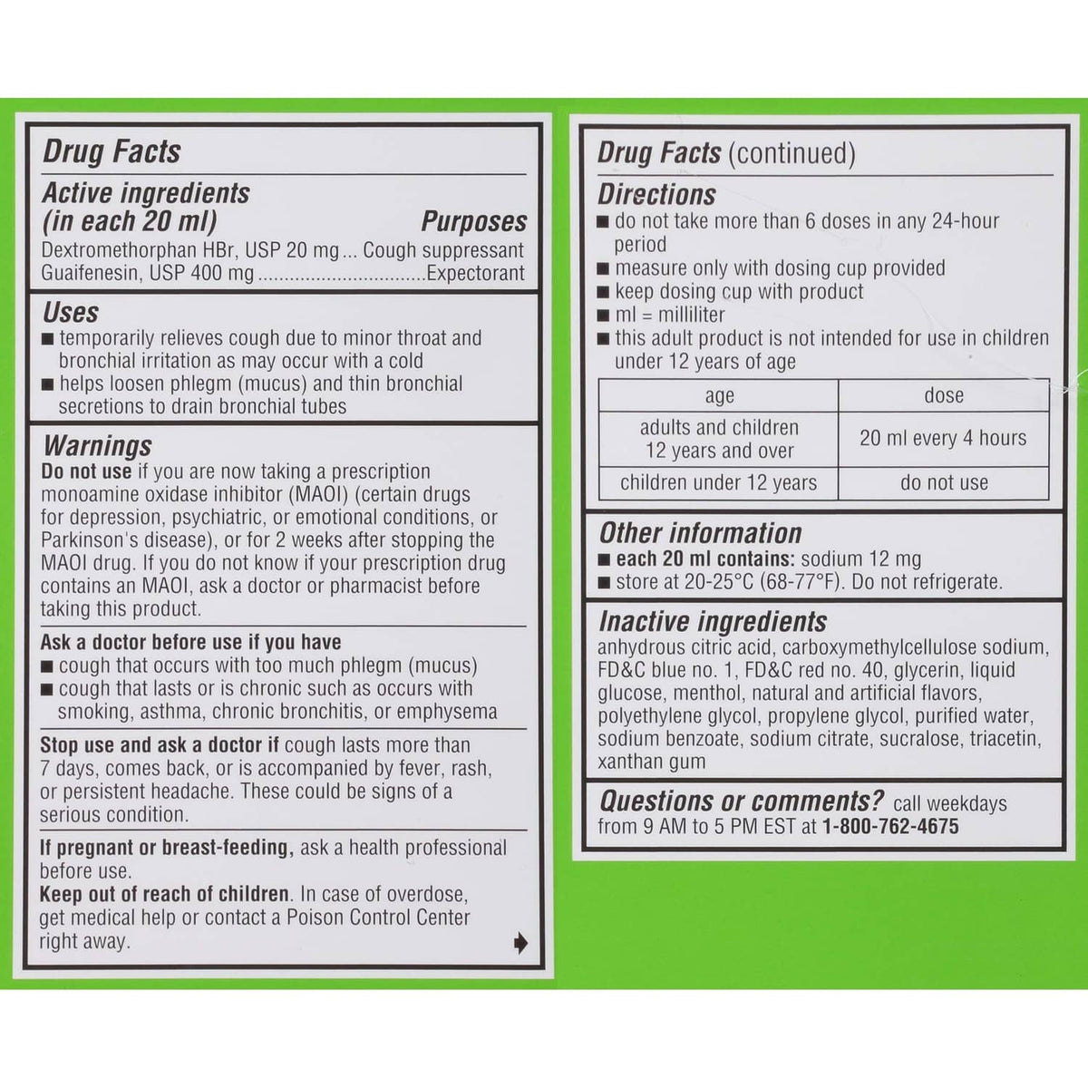 Robitussin DM drug facts label with active ingredients, uses, and warnings