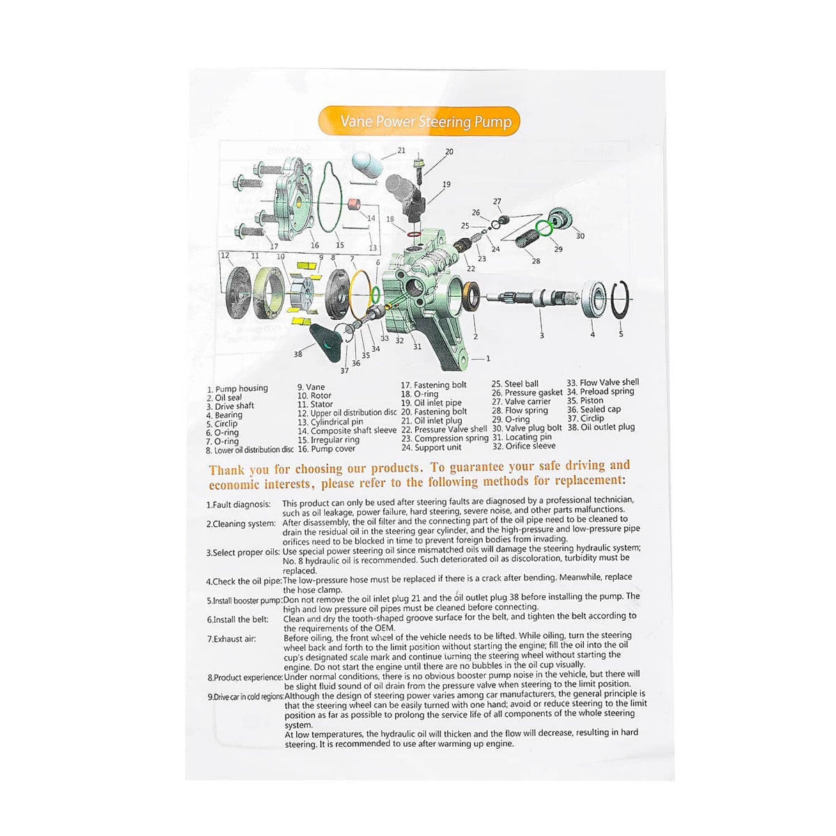 Power steering pump parts diagram on a labeled sheet