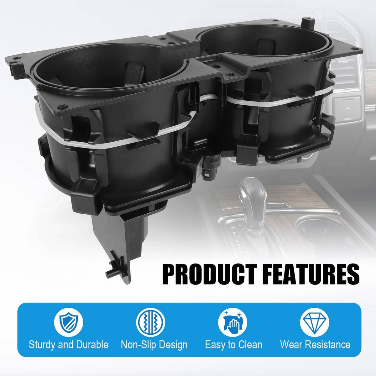 Black dual cup holder module with hinged mounts and two circular cup openings