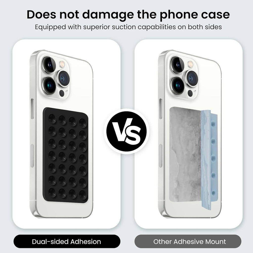 Phone case with black suction-cup grip pad; detachable dual-sided mount