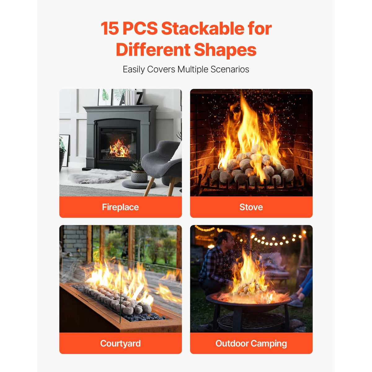 Grey ceramic fire pebble stones shown for fireplace, stove, courtyard, and outdoor camping use.