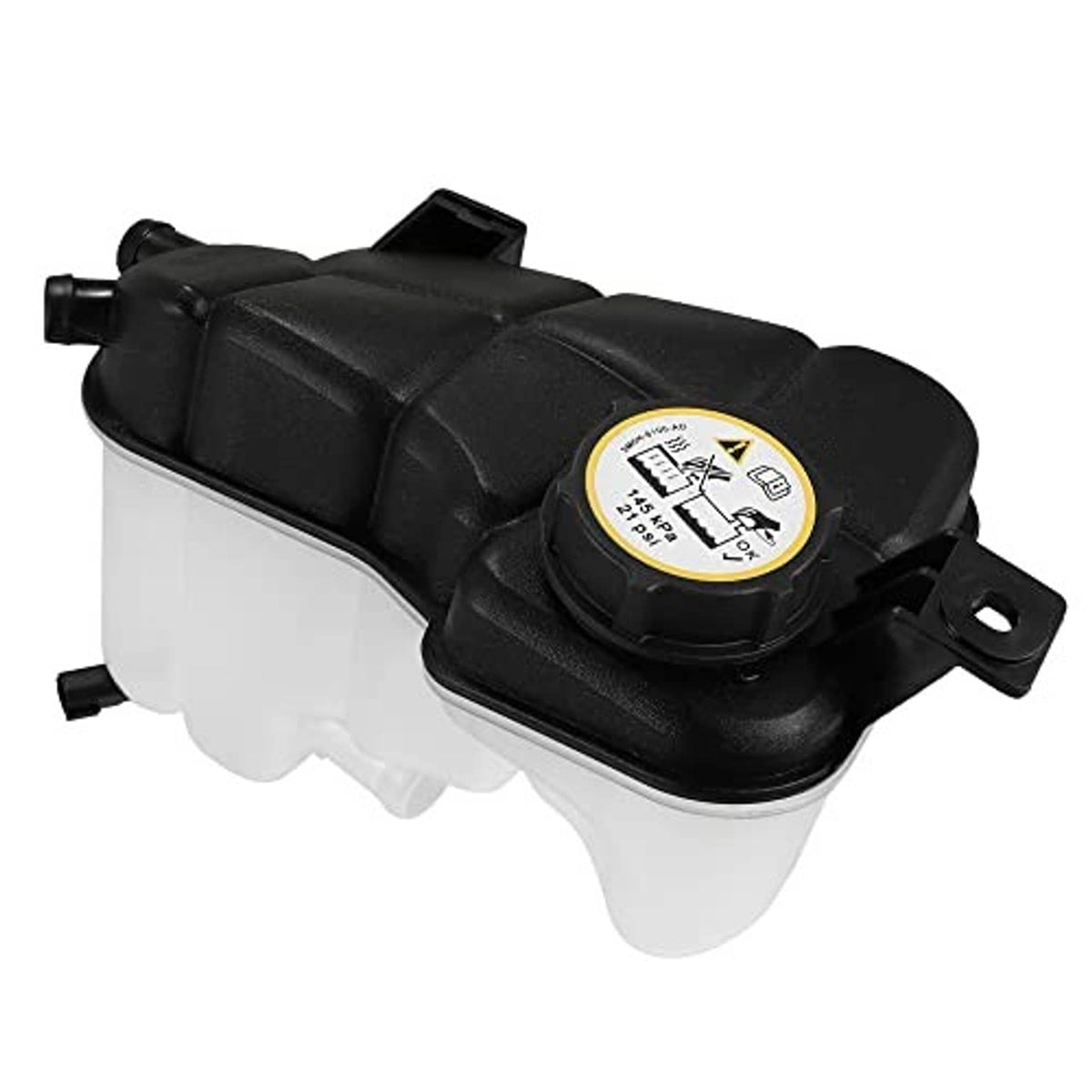 Coolant radiator reservoir tank, black housing with yellow-capped filler and side mounting tab