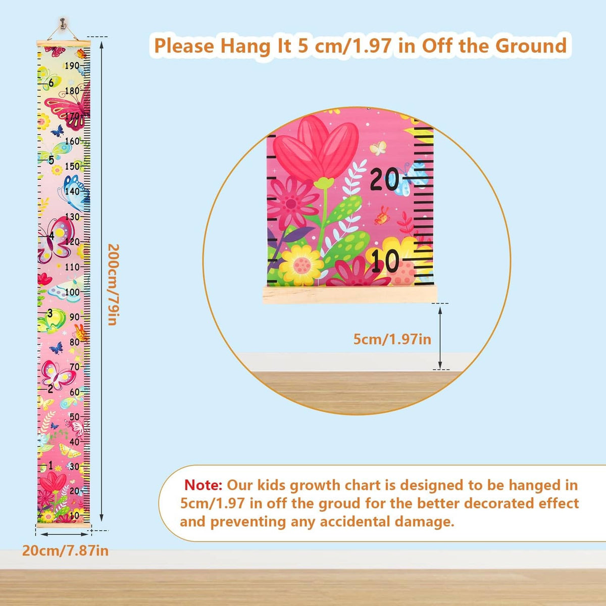Hanging kids height measuring chart with colorful butterfly design and cm scale