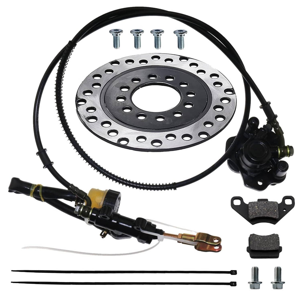 Rear brake kit with black caliper, circular rotor, hoses, pads, and mounting hardware