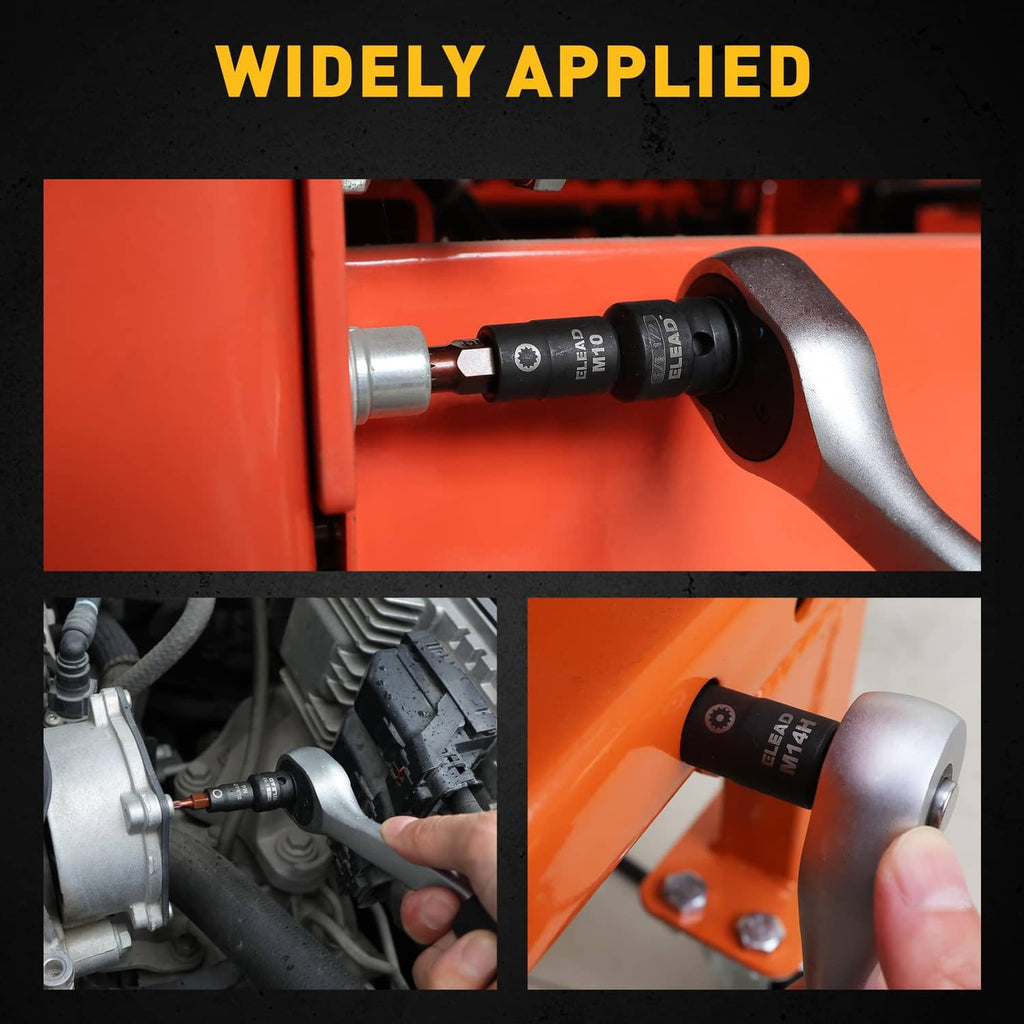 Spline bit socket set engaged with an impact tool, showing socket ends and fit