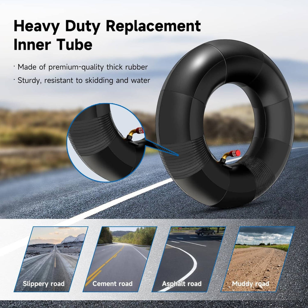 Black inner tube with bent valve stem, thick rubber replacement for tires.