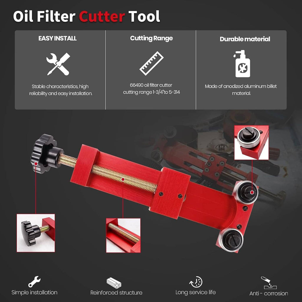 Red oil filter cutter tool with clamp and black knob; infographic-style view