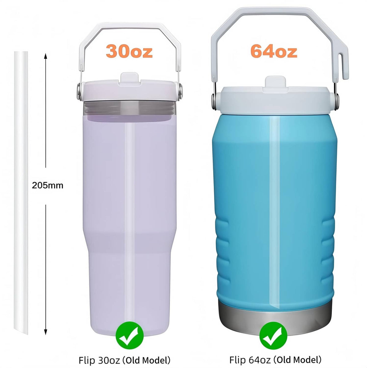 Replacement straw set for 30oz tumbler, shown with a clear straw and length scale.