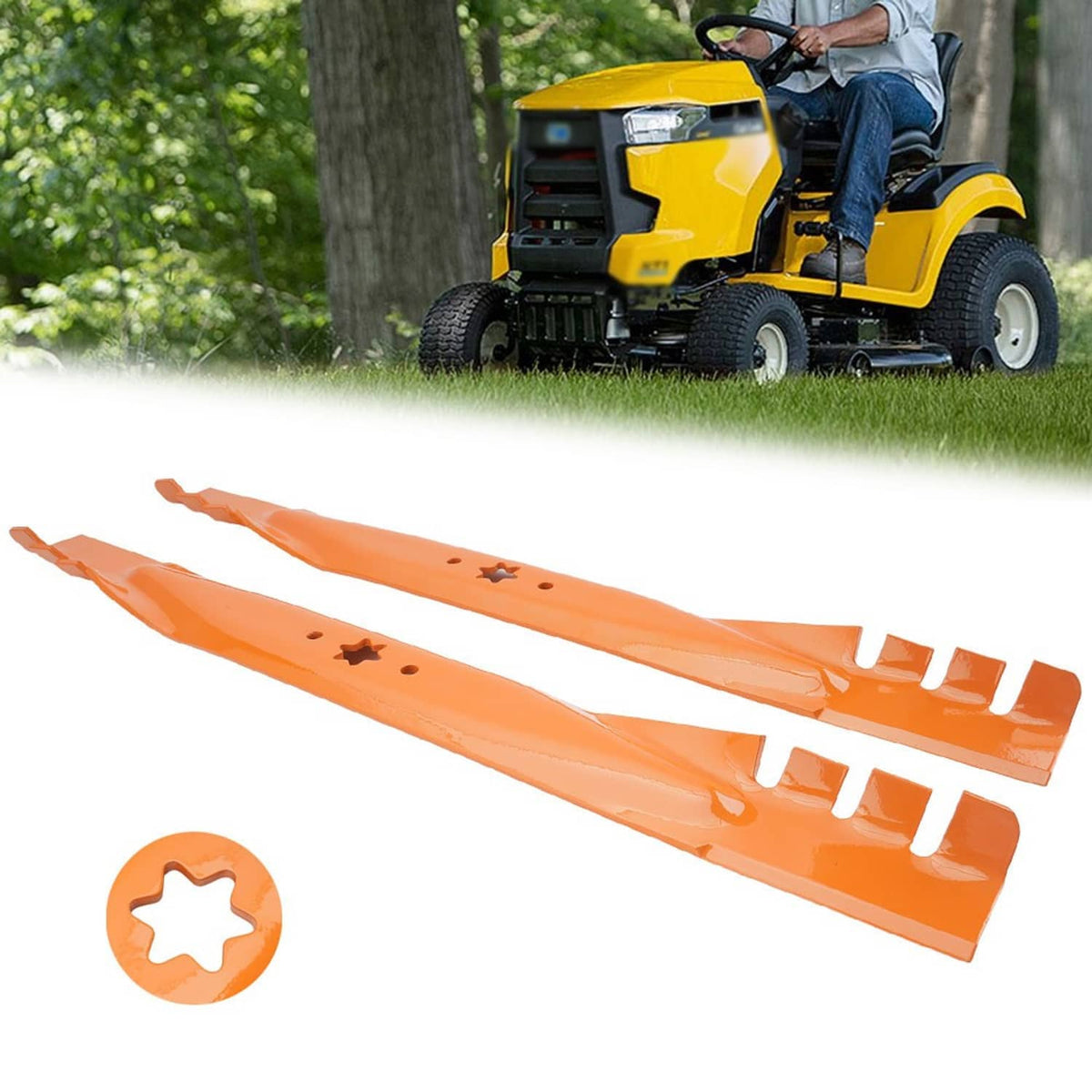 2-pack mulching mower blades, orange steel deck blades with mounting holes and notches