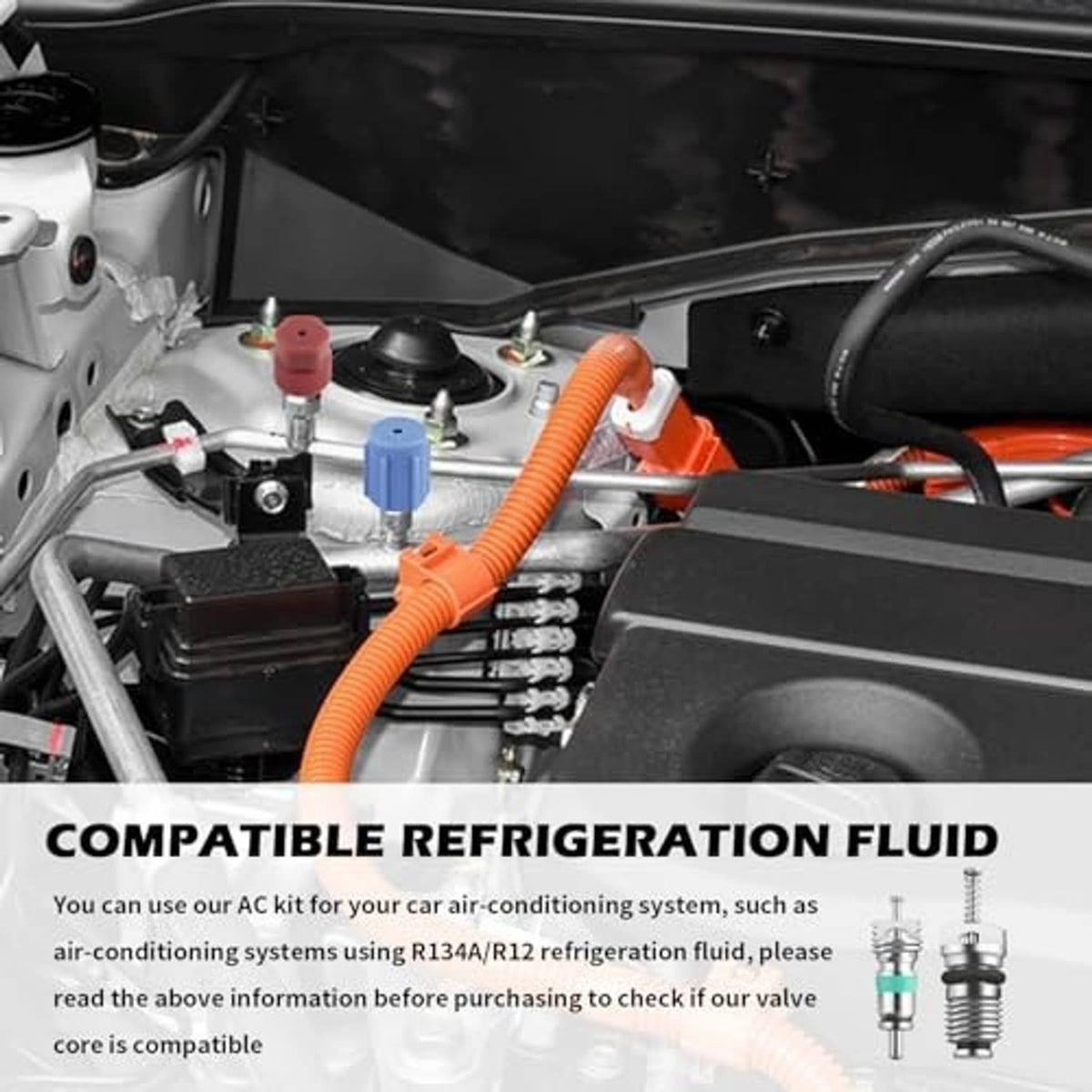 Car engine bay includes visible valve core kit parts with colored caps and orange hose near the battery area