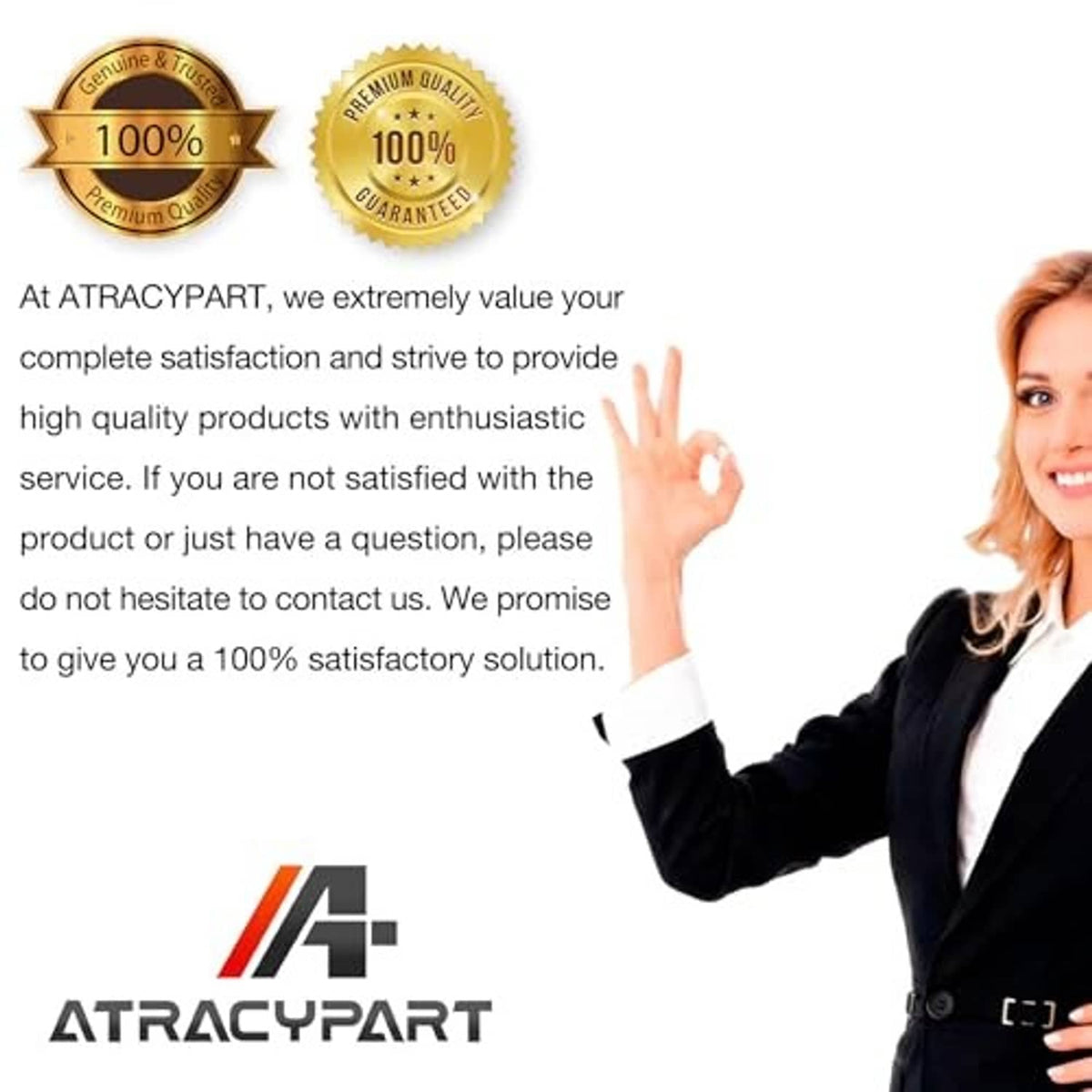 ATRACYPART customer satisfaction graphic with 100% quality and guarantee badges
