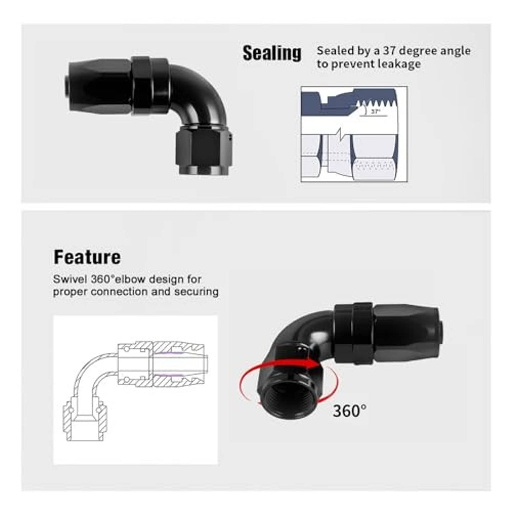 Black 360-degree swivel elbow hose fitting with sealed angle design