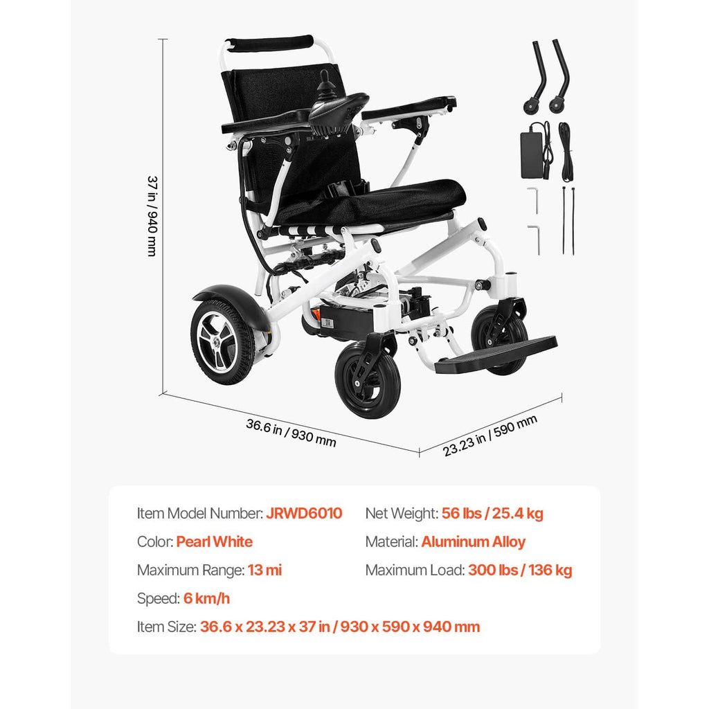 Foldable electric wheelchair dimensions view, black seat and back, white frame