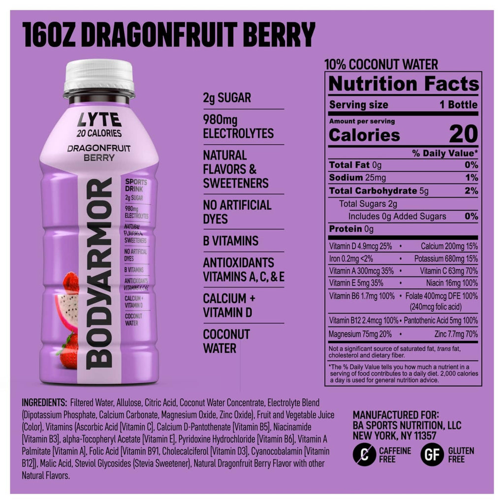16 oz Dragonfruit Berry nutrition facts panel on a purple LYTE bottle