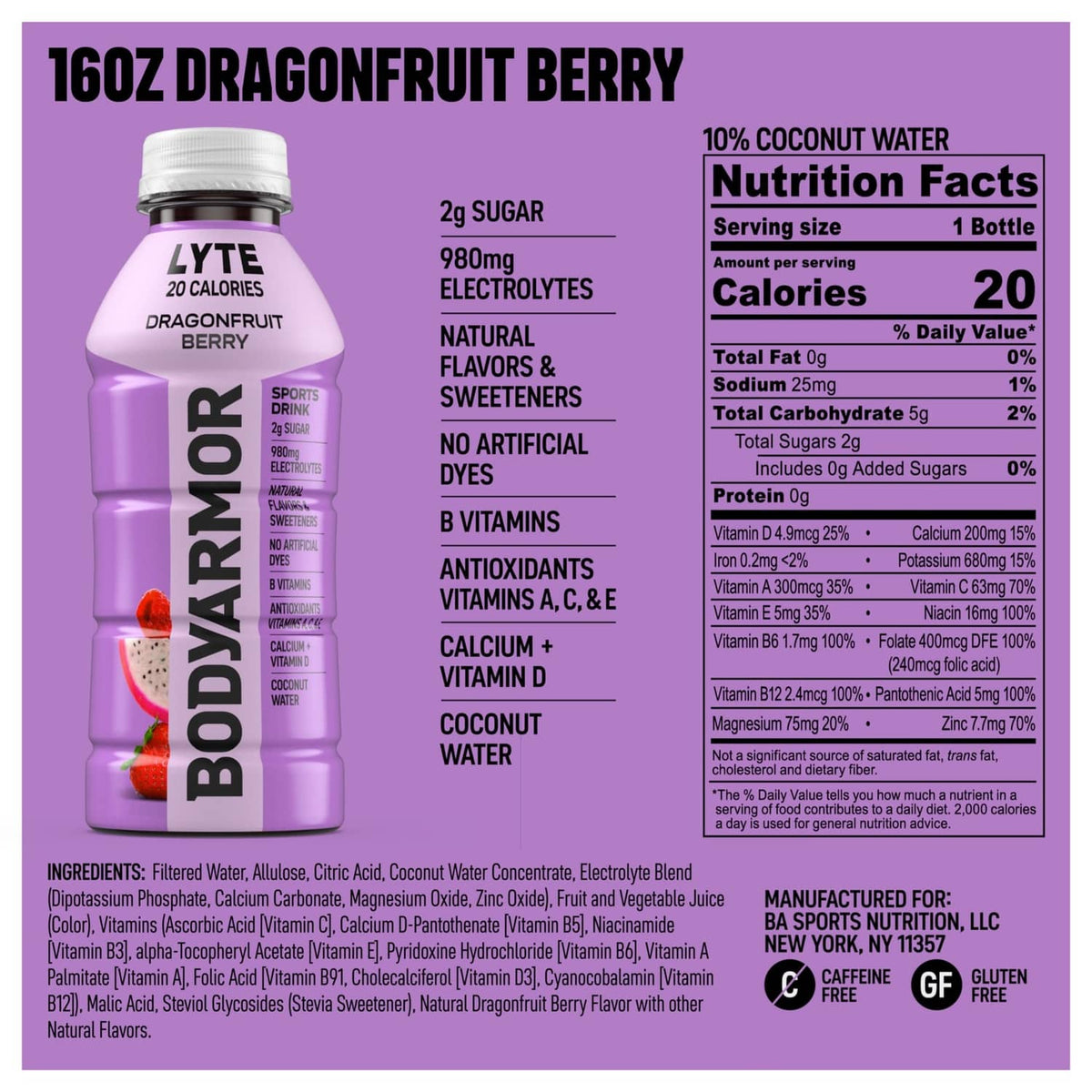 16 oz Dragonfruit Berry nutrition facts panel on a purple LYTE bottle