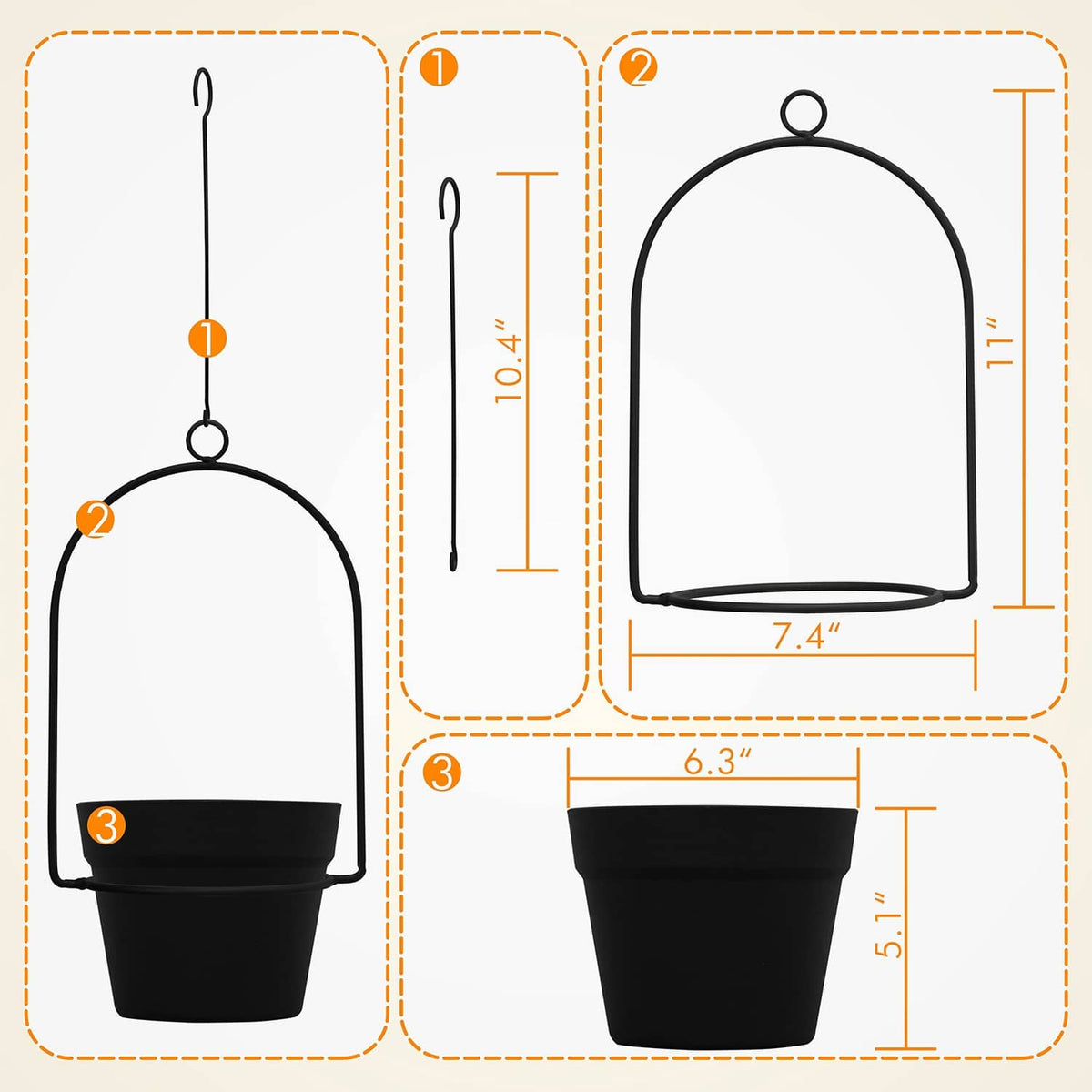 Black hanging plant pots with metal hooks and labeled dimensions for pot and hanger