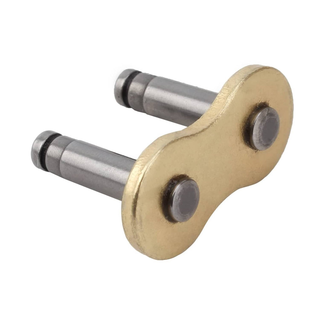 Angled view of gold chain connecting link with two silver pins