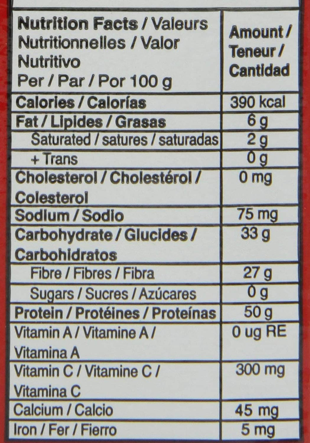 Instant yeast pouch nutrition facts close-up table with servings and nutrient values.