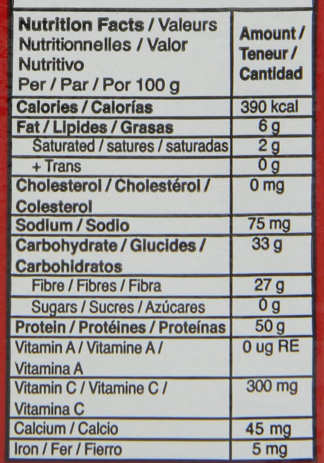 Instant yeast pouch nutrition facts close-up table with servings and nutrient values.