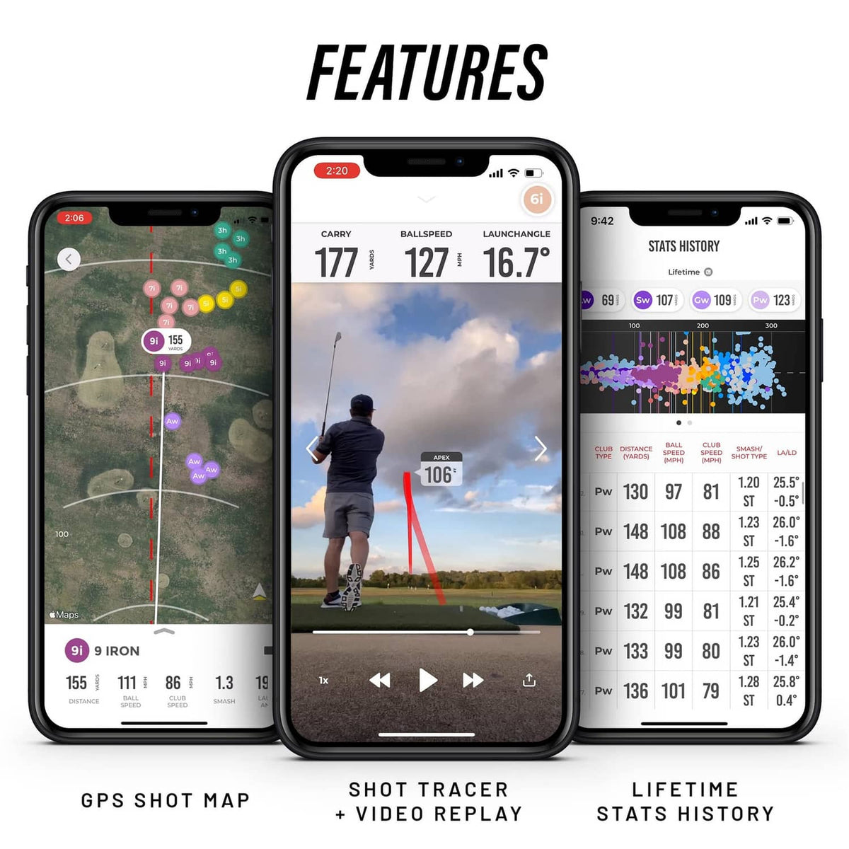 Mobile launch monitor app screens with GPS shot map, shot tracer, and stats history