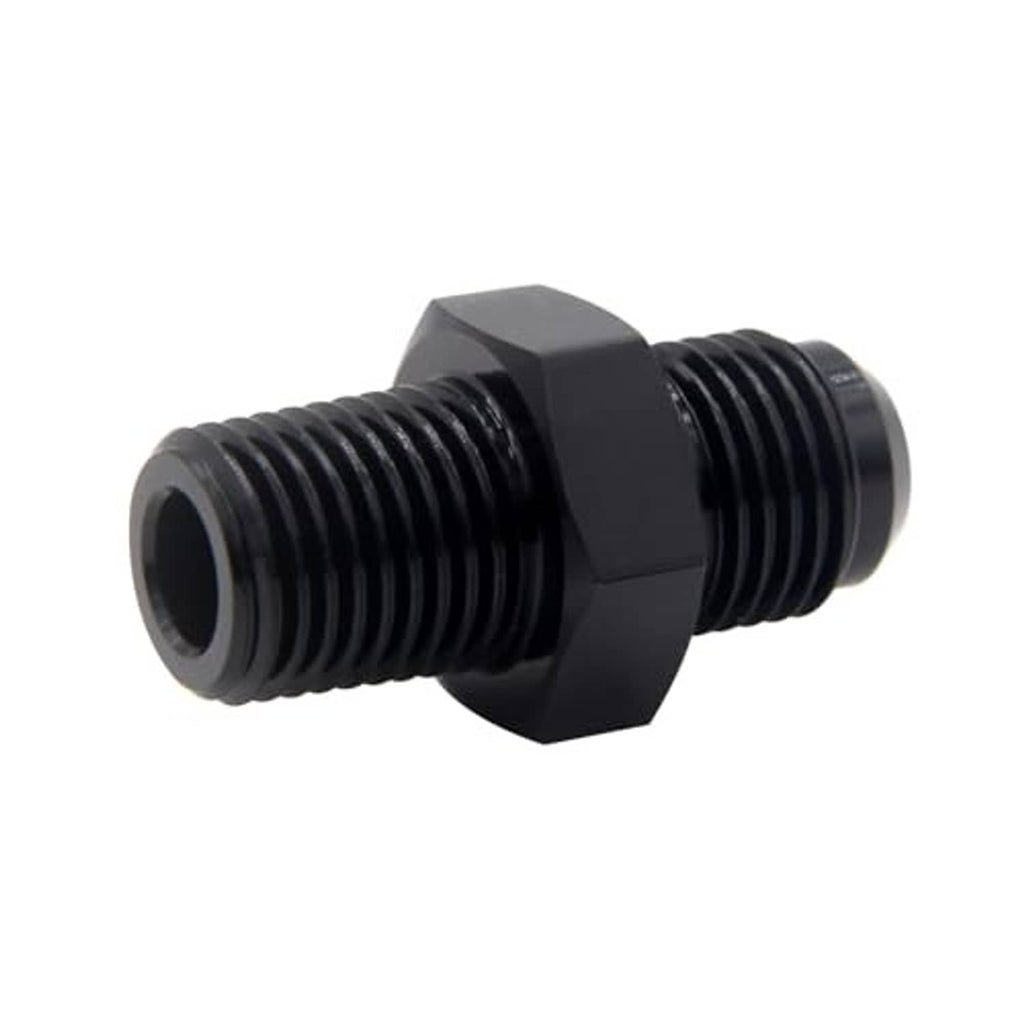 Black AN-to-NPT male adapter fitting, close side view of hex and threads