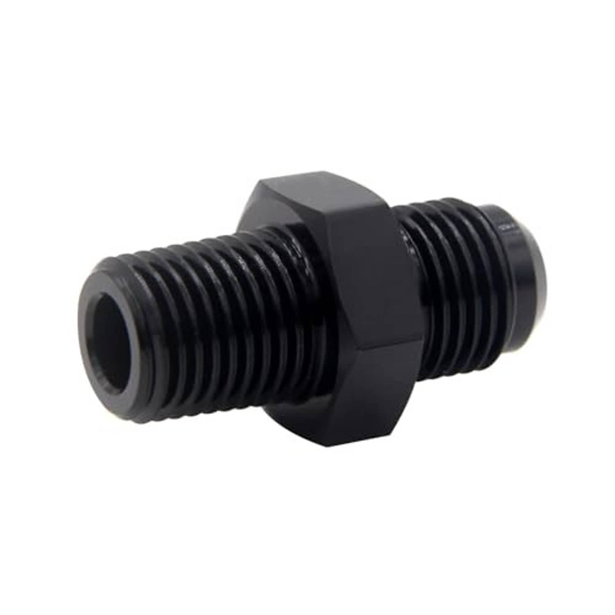 Black AN-to-NPT male adapter fitting, close side view of hex and threads