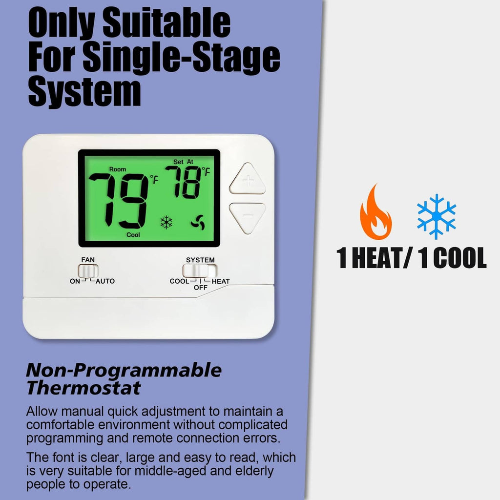 Non-programmable thermostat front panel with green backlit LCD and up/down buttons