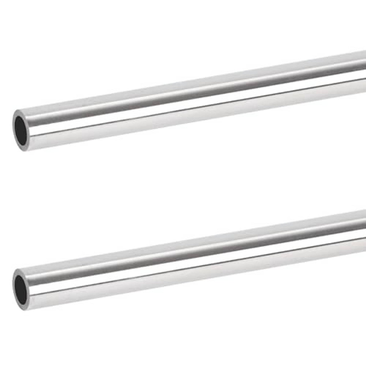 Straight round stainless steel tube, smooth brushed finish, open ends visible