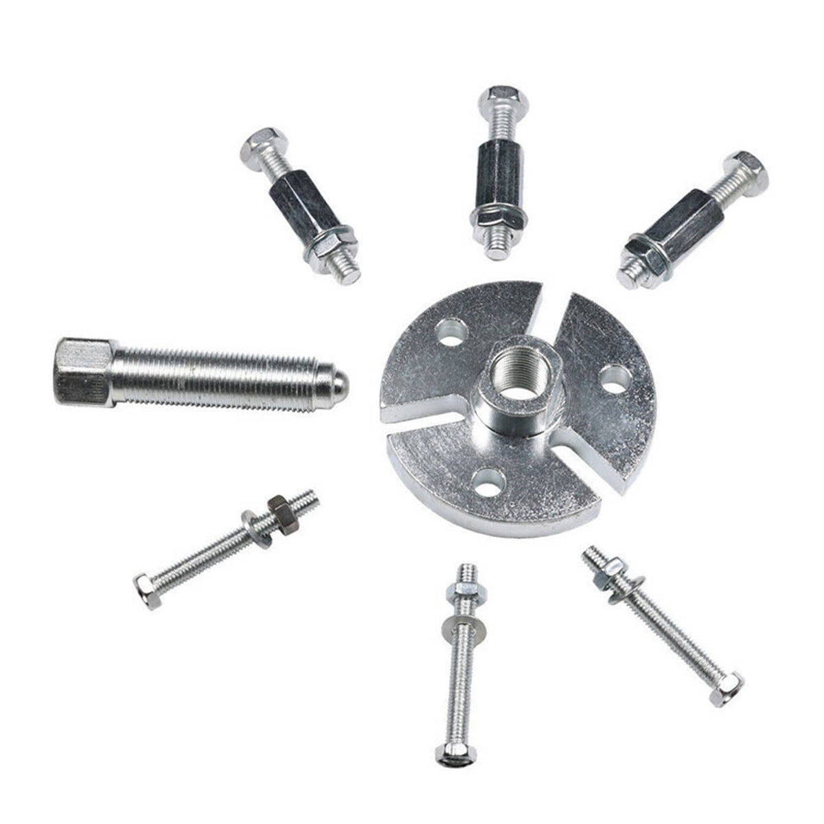 Flywheel puller parts set: circular plate with center hole and several bolts