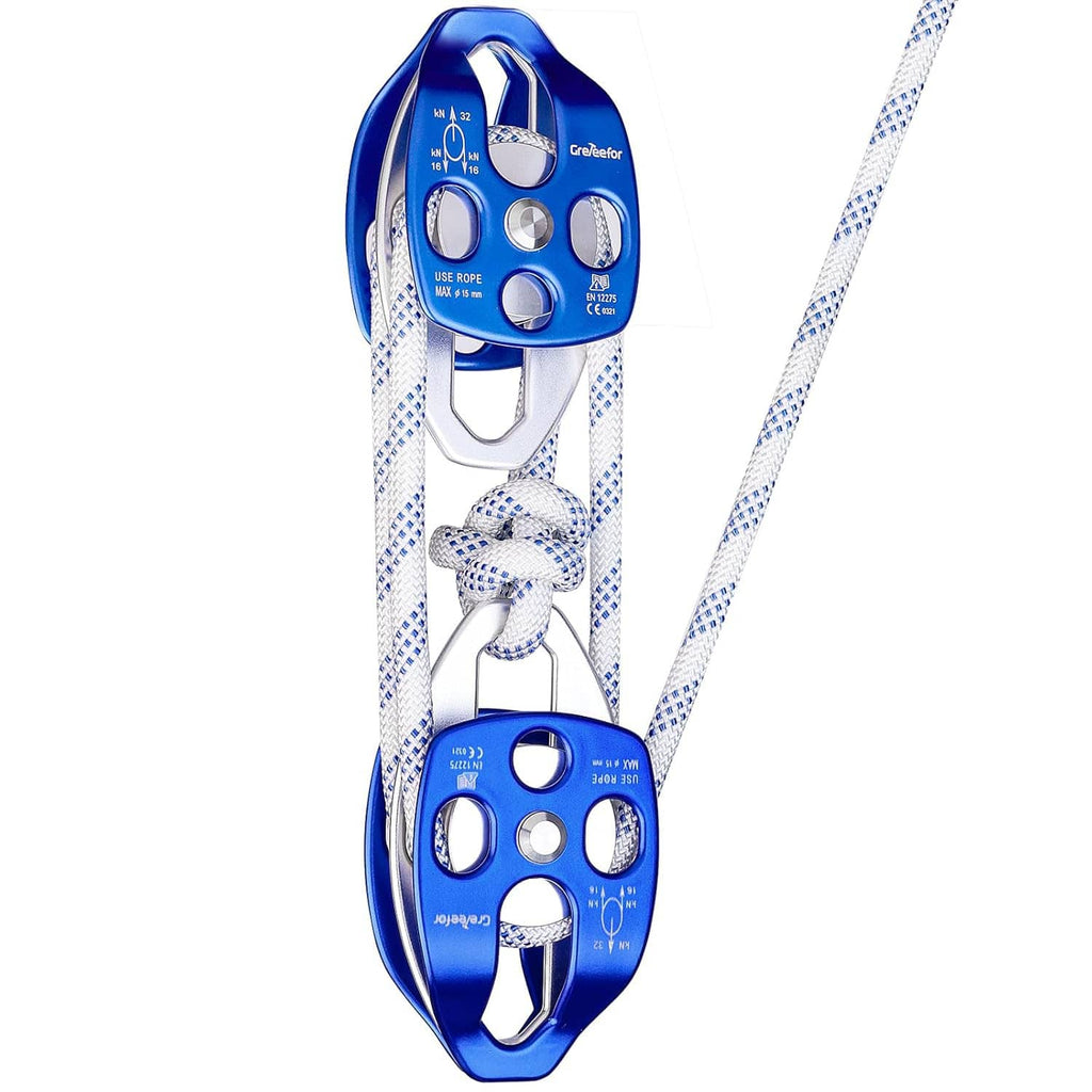 Blue double block and tackle pulley system with braided rope and top and bottom sheaves