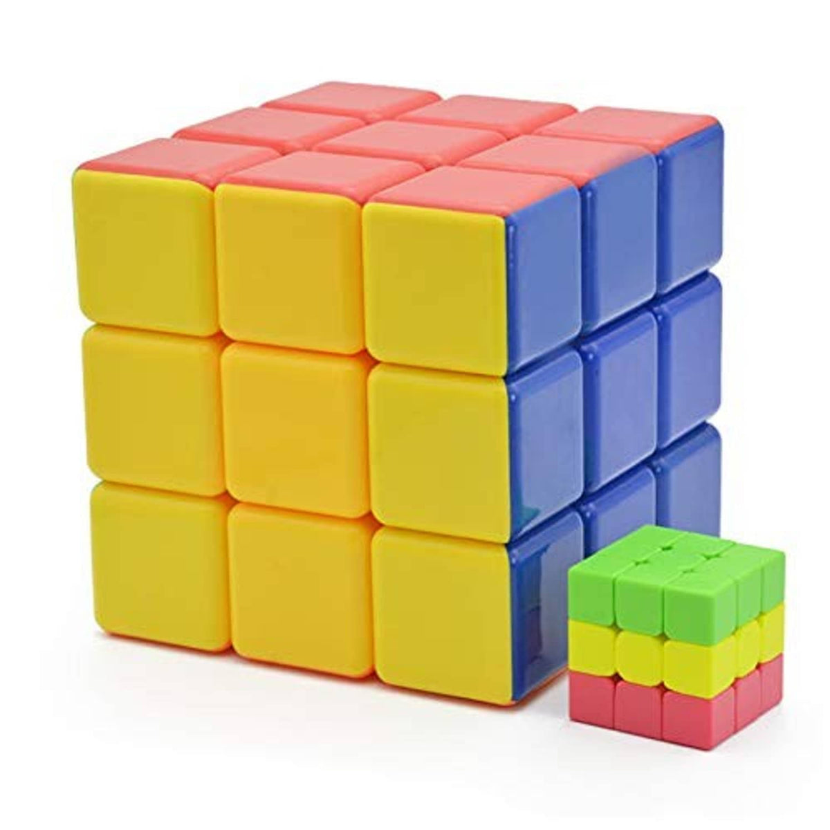 Stickerless 3x3 speed cube in yellow, blue, and pink with small cube accessory.