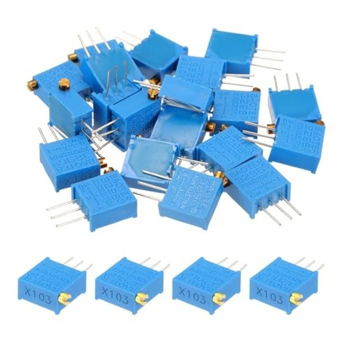 Assorted blue multiturn trimmer potentiometers with gold terminals and three-pin headers