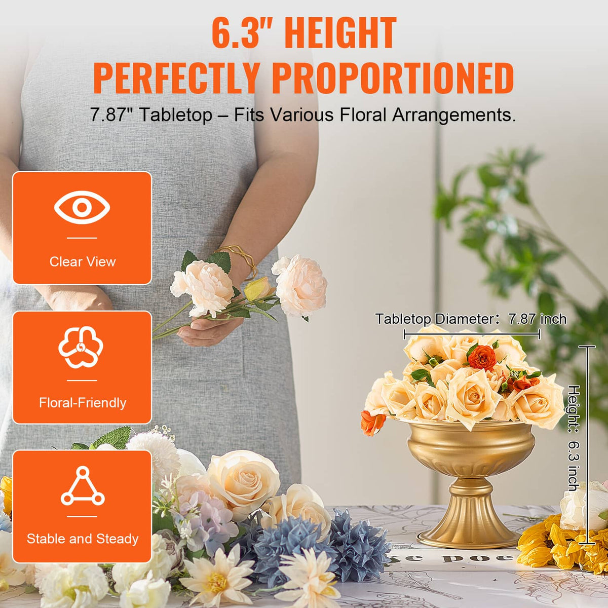 Gold flower vase stand shown with tabletop scale measurement