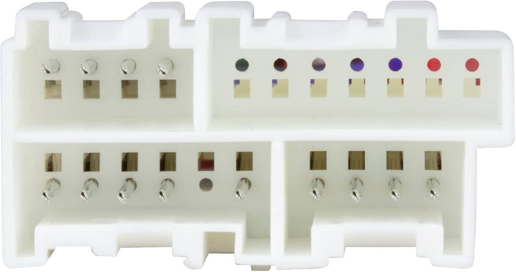 Close-up of white car stereo wiring harness connector with pin openings