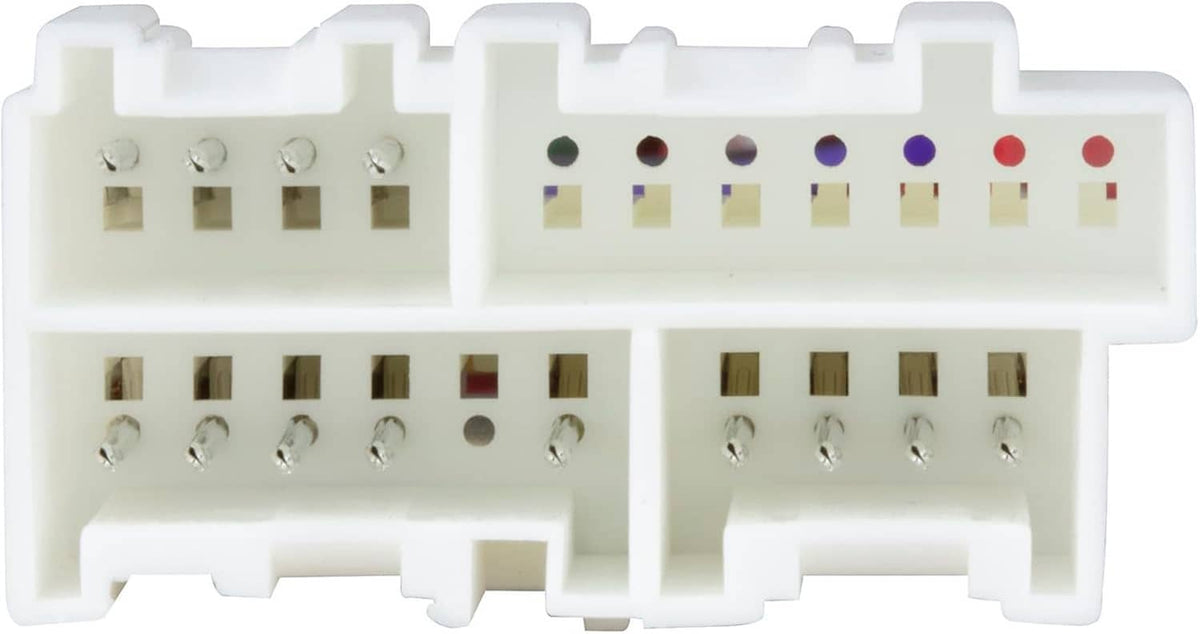 Close-up of white car stereo wiring harness connector with pin openings