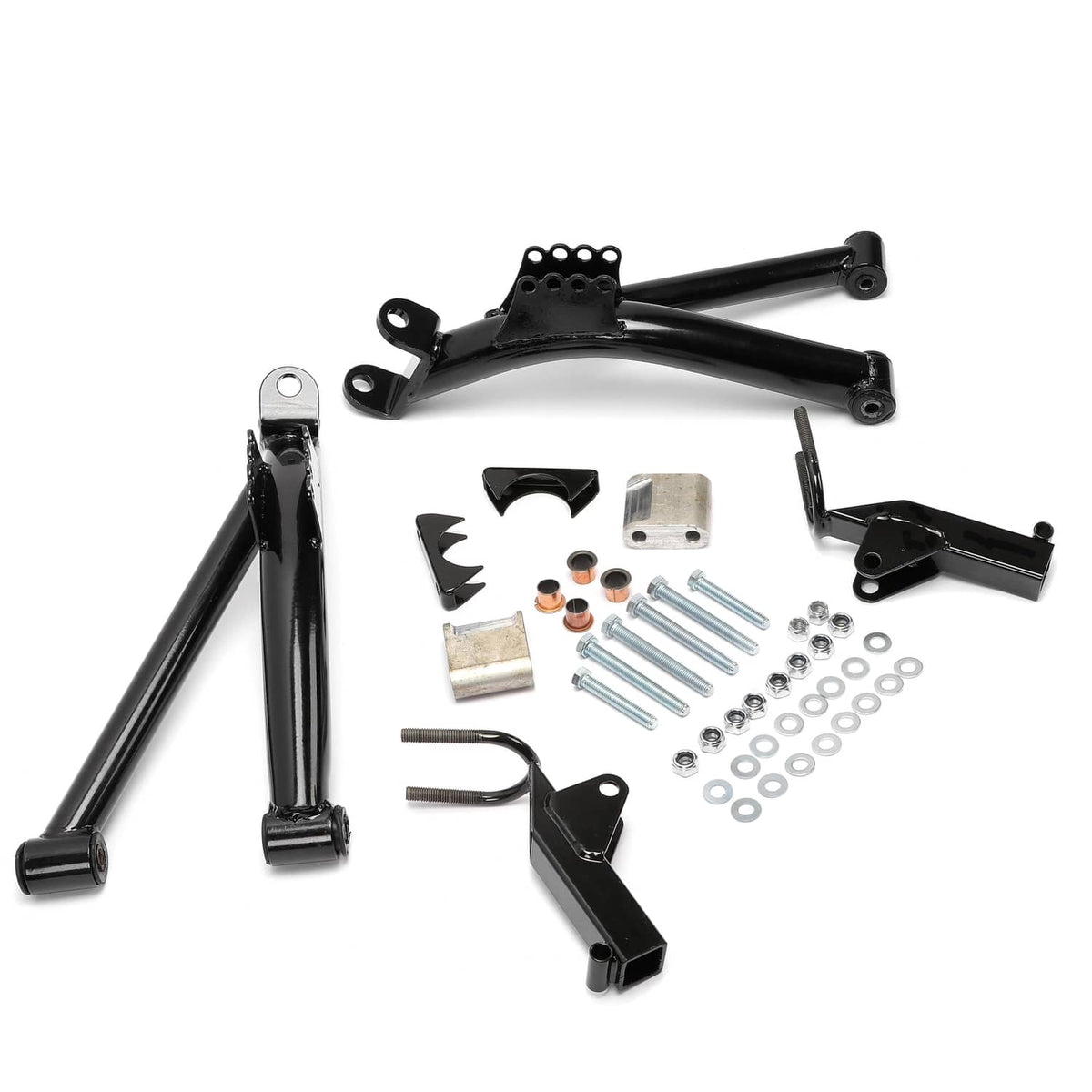 Black A-arm lift kit components with mounting brackets, arms, and hardware bolts