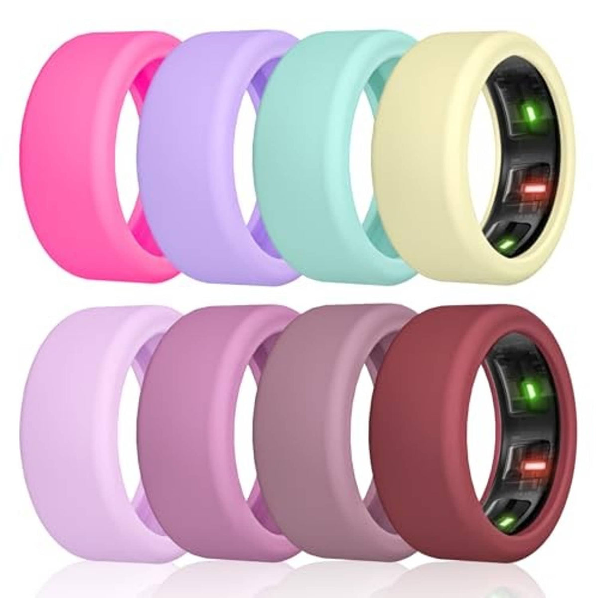 Assorted silicone ring covers in pink, lavender, mint, and beige with LED display windows