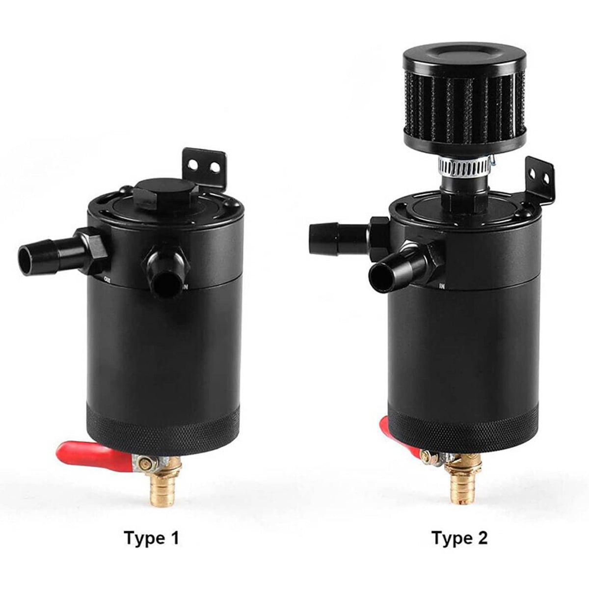 Black oil catch can, Type 1 and Type 2, with drain valve and ports