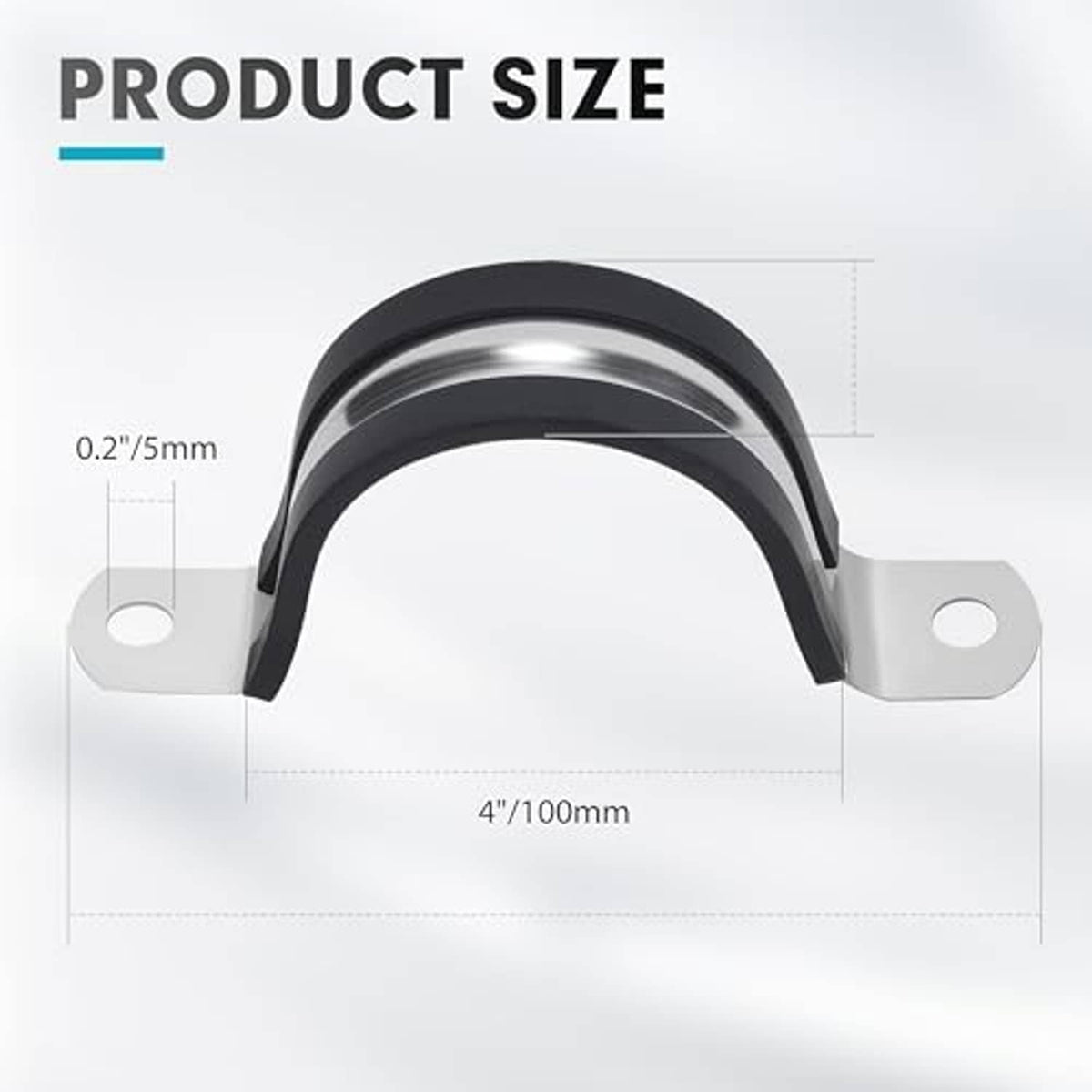 Black rubber-lined U pipe clamp with two-hole galvanized mounting plate, curved support